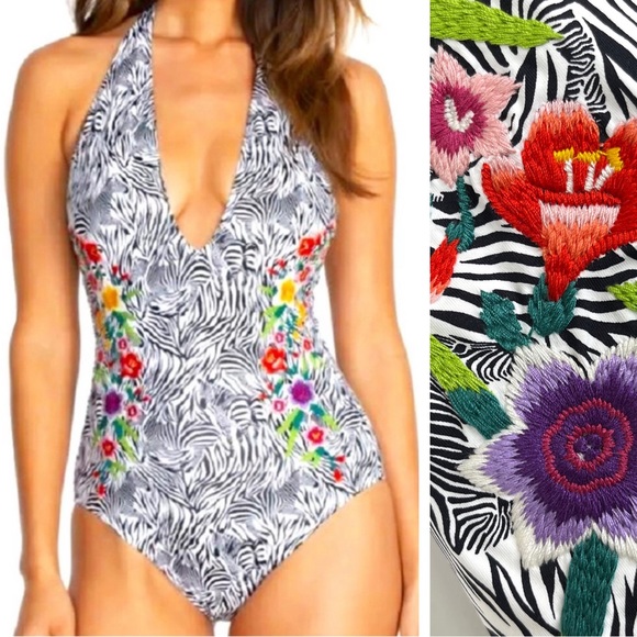 JOHNNY WAS Spring Halter Embroidered Floral Boho One Piece Swimsuit NEW Size M